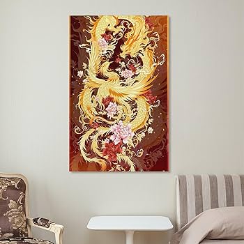 Amazon.co.jp: 絵画 龍と鳳凰が吉兆を演出インテリア 絵画 黄金